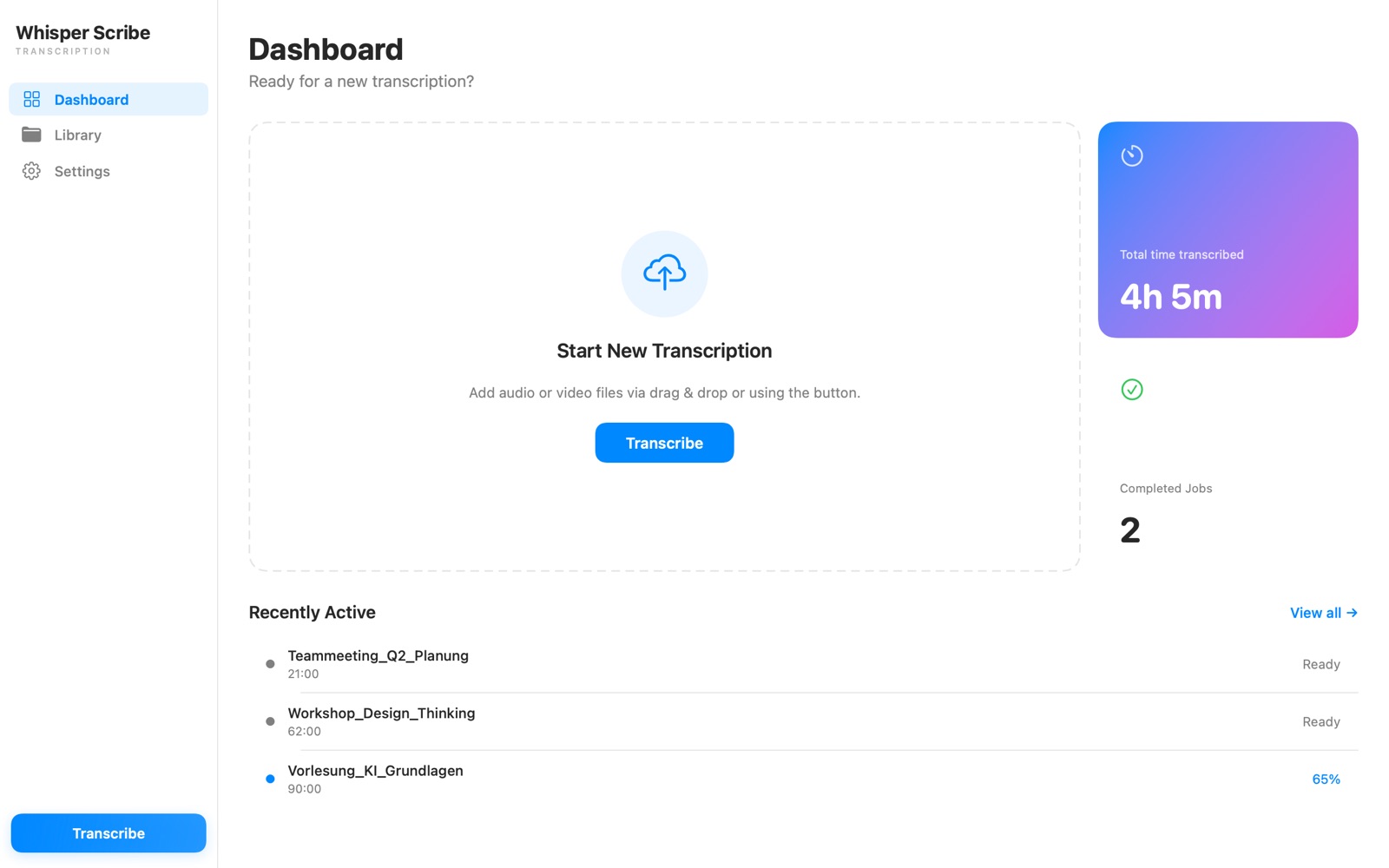 WhisperScribe dashboard with live transcription progress