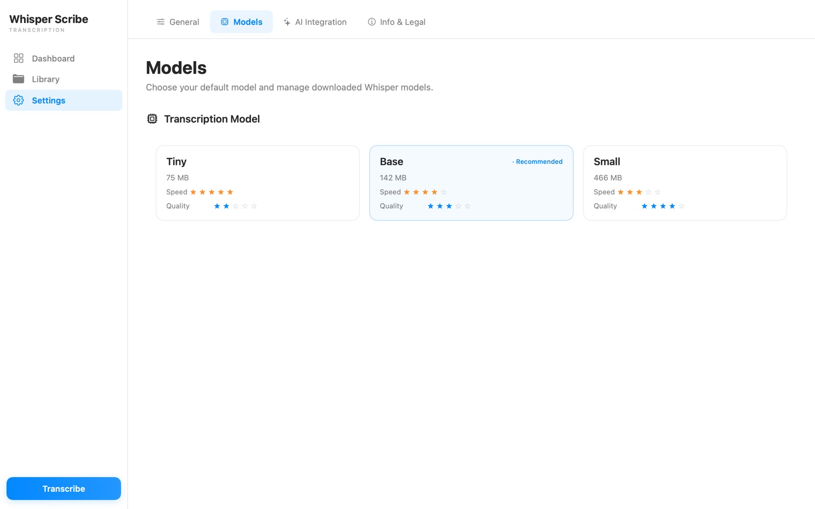 WhisperScribe model manager listing Whisper models from Tiny to Large v3 Turbo