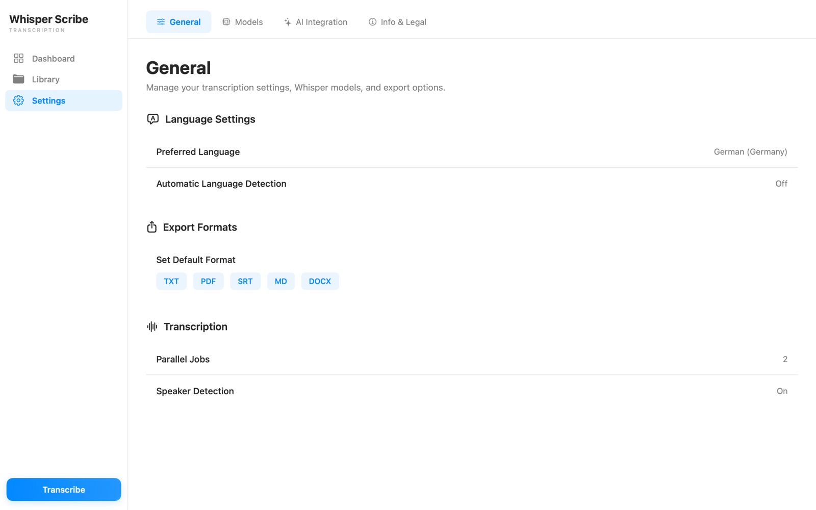 WhisperScribe general settings window